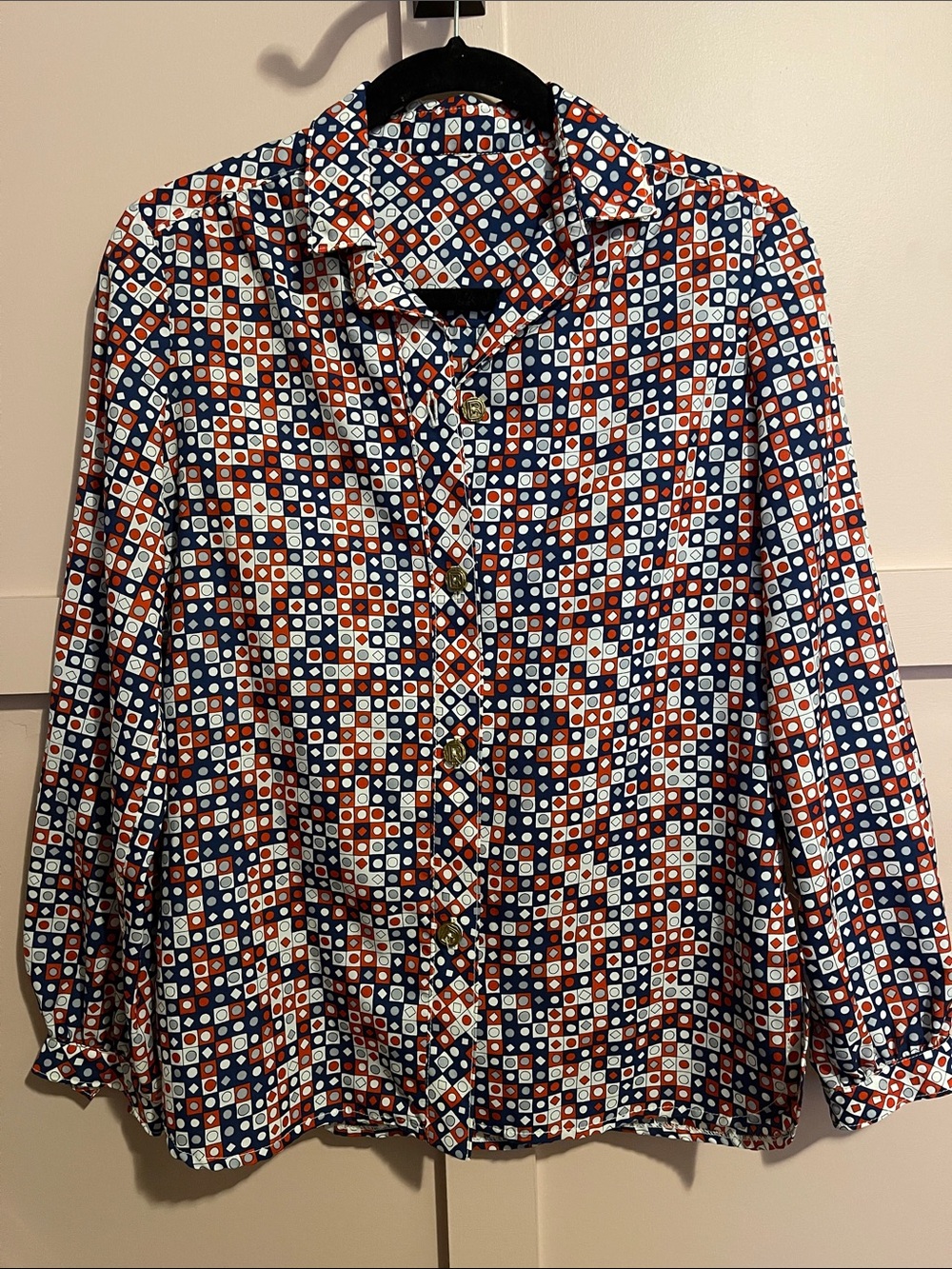 Vintage Geometric Button-Up Shirt - Navy & Rust